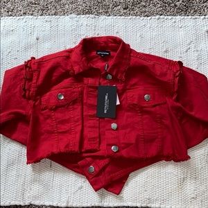 Red Ruffle Crop Top Denim Jacket